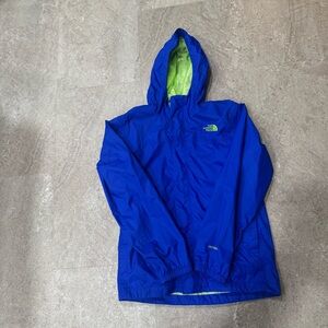 The North Face Youth HyVent Rain Jacket Blue Neon Green Windbreaker Hooded Shell
